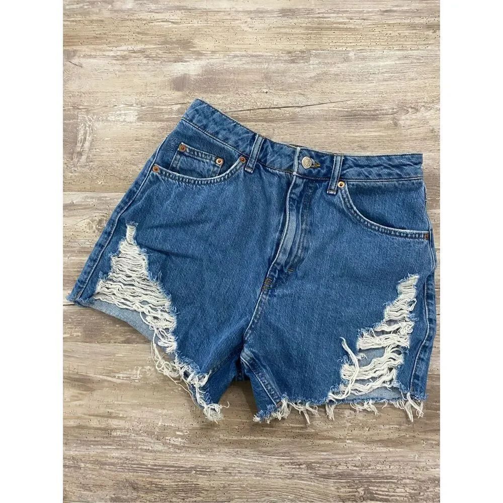 Topshop High Rise Mom Jean Shorts Raw Hem Women’s Size 6